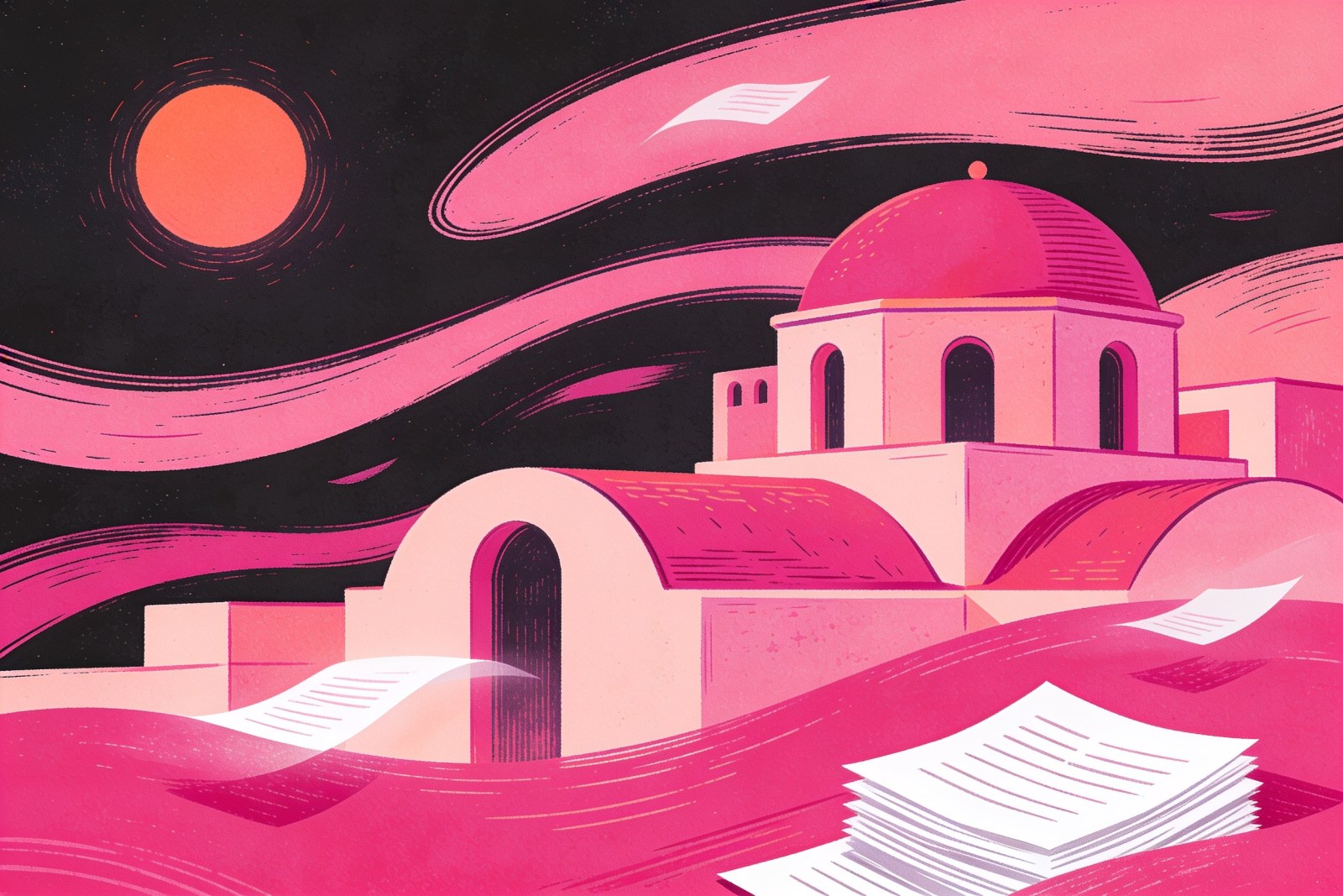 Illustration of paperwork flowing over sunlit Spanish rooftops